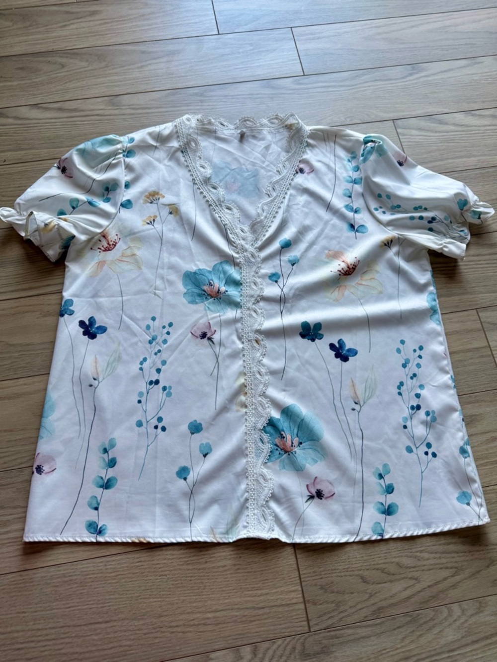 White Floral Lace-Trim Blouse with Teal & Blue Flowers